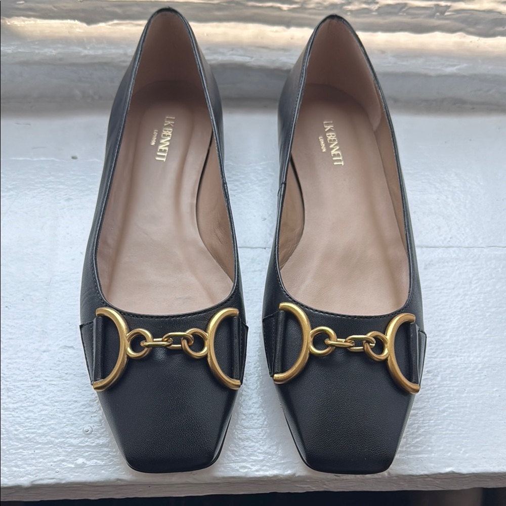LK Bennett Black Leather Flats with Gold Buckle (Size 39)